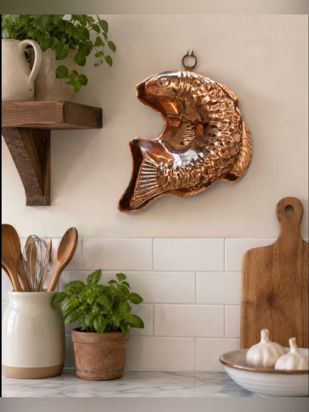 Tin Lined Copper Fish Jello Mold or For Hanging Kitchen Decor Vintage MCM
